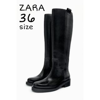 ザラ(ZARA)のZARA　レザーフラットブーツ　36サイズ　ブラック(ブーツ)