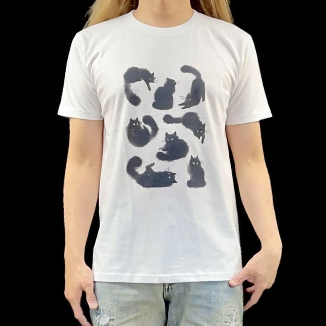 新品 黒猫 クロネコ アニマル 動物 水墨画 アニマル アート Tシャツ