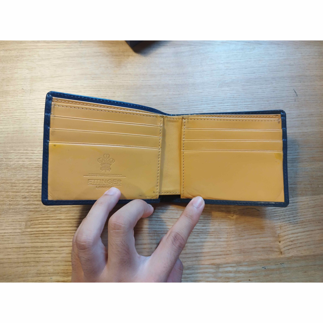 美品エッティンガー 二つ折り 財布 ブルー イエロー カードケース 名刺