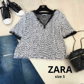 ザラ(ZARA)のZARA ザラ　ツイードトップス　ニット　Sサイブラック　ホワイト　半袖(ニット/セーター)