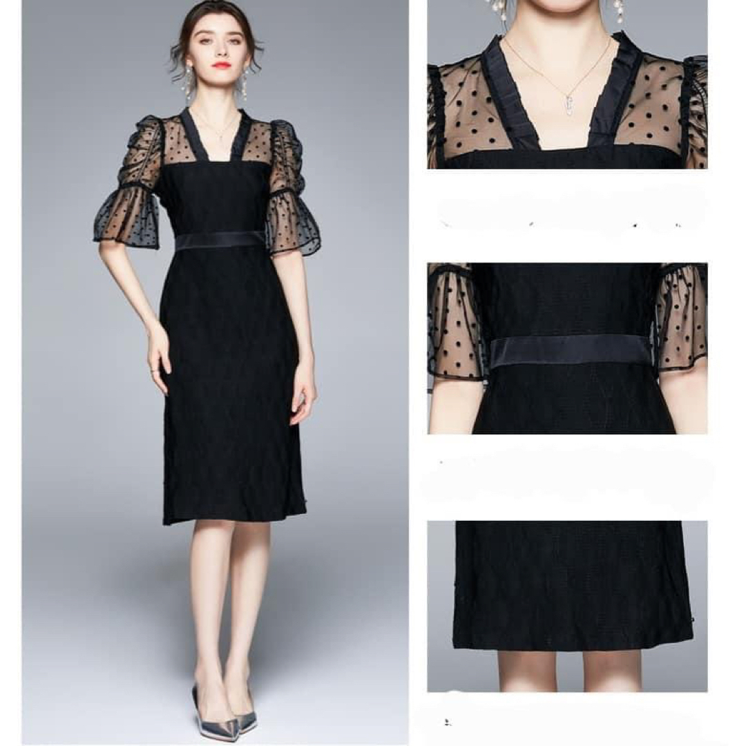新品 XL パフスリーブ ドレス 黒 ブラック お呼ばれ レース 上品 綺麗 レディースのワンピース(ひざ丈ワンピース)の商品写真