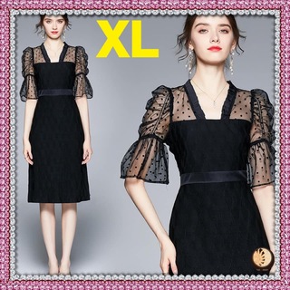 新品 XL パフスリーブ ドレス 黒 ブラック お呼ばれ レース 上品 綺麗(ひざ丈ワンピース)