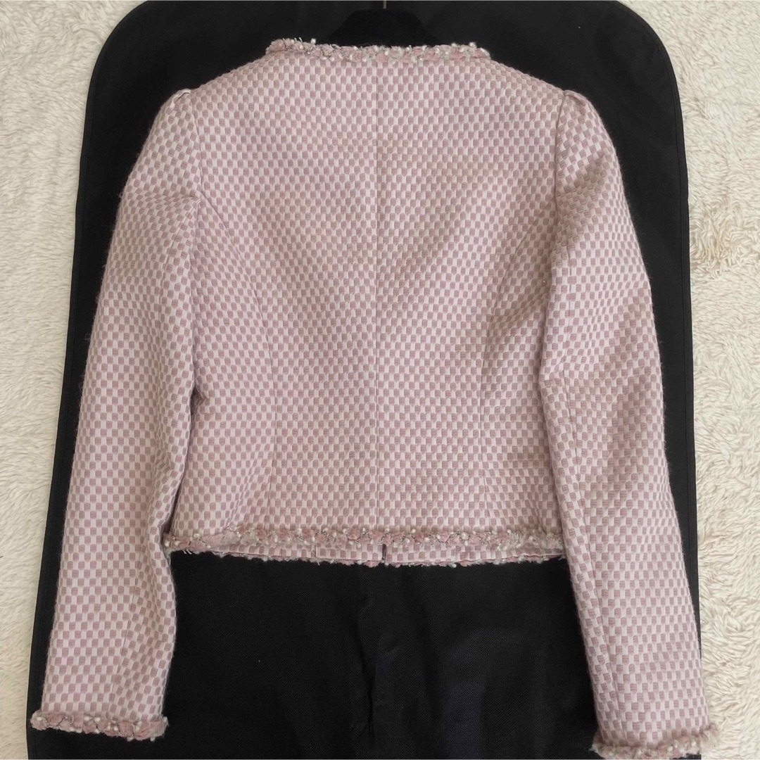 美品 Rene 春ツイード ノーカラーセットアップ TISSUE社 ピンク - スーツ