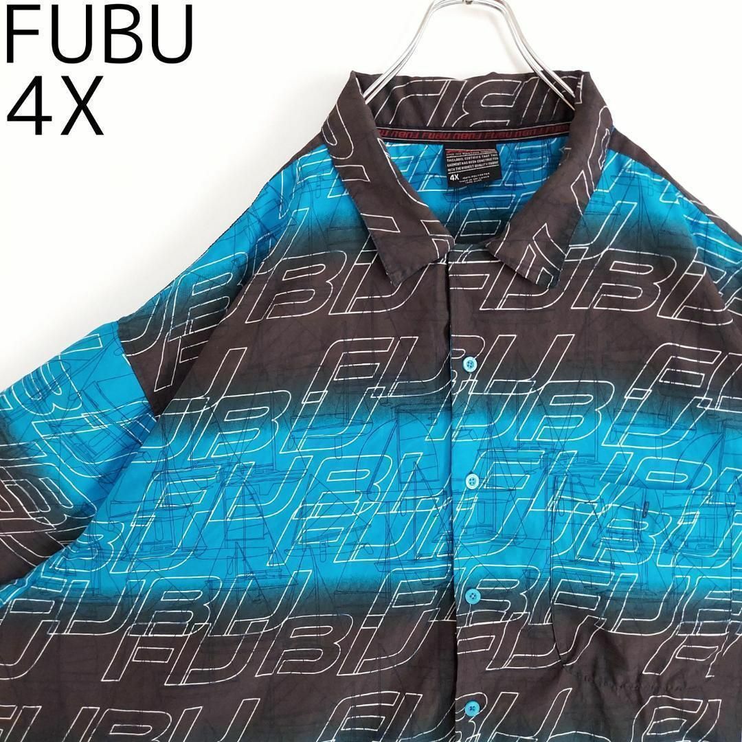 FUBU フブ 開襟ロゴプリントシャツ 柄シャツ HIPHOP ブルー 青 黒