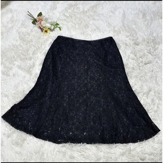 美品　黒スカート　花柄　レース　Lサイズ(ひざ丈スカート)