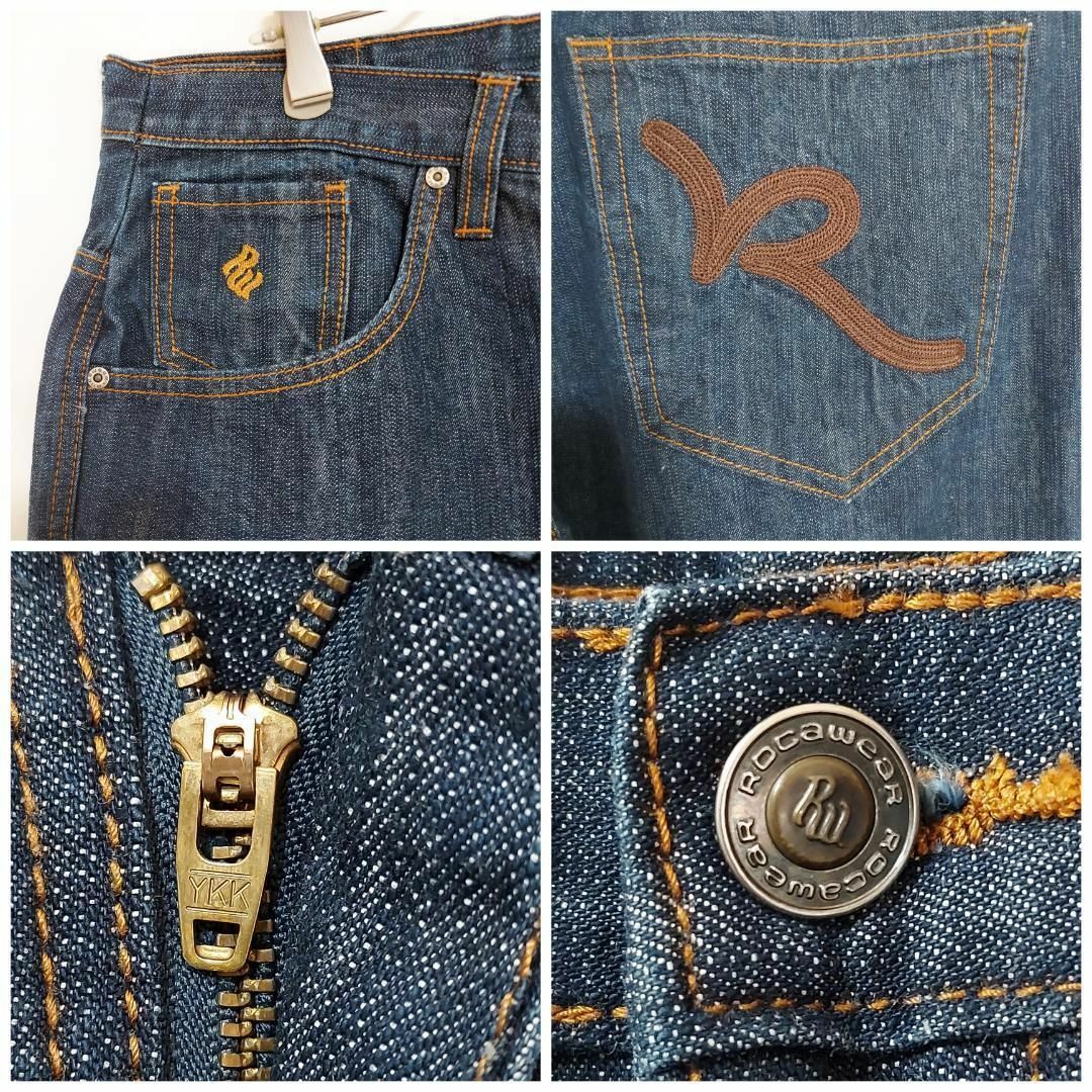 Rocawear(ロカウェア)のW40 JAY-Z ロカウェア ポケットロゴ刺繍 バギーパンツ デニム 紺 茶色 メンズのパンツ(デニム/ジーンズ)の商品写真