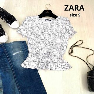 ザラ(ZARA)のZARA ザラ　ドットブラウス　トップス　Sサイズ　ブラック　ホワイト　半袖(シャツ/ブラウス(半袖/袖なし))