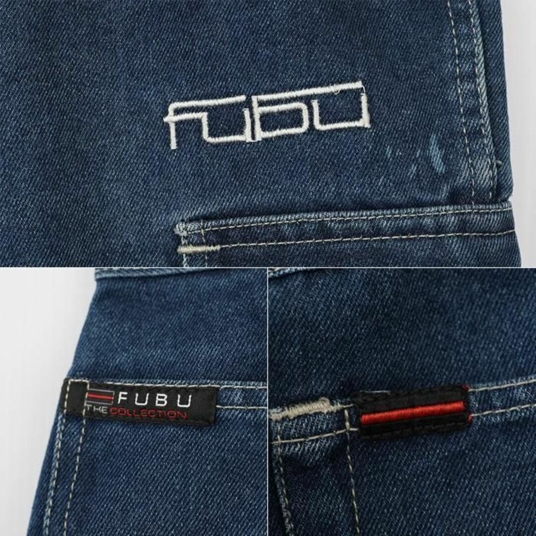 W36 FUBU フブ ロゴ刺繍 極太カーゴパンツ デニム ブルー 青 黒 赤