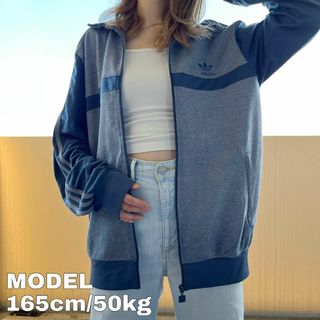 襟高 adidas アディダス ロゴ刺繍 トラックジャケット L ブルー 青