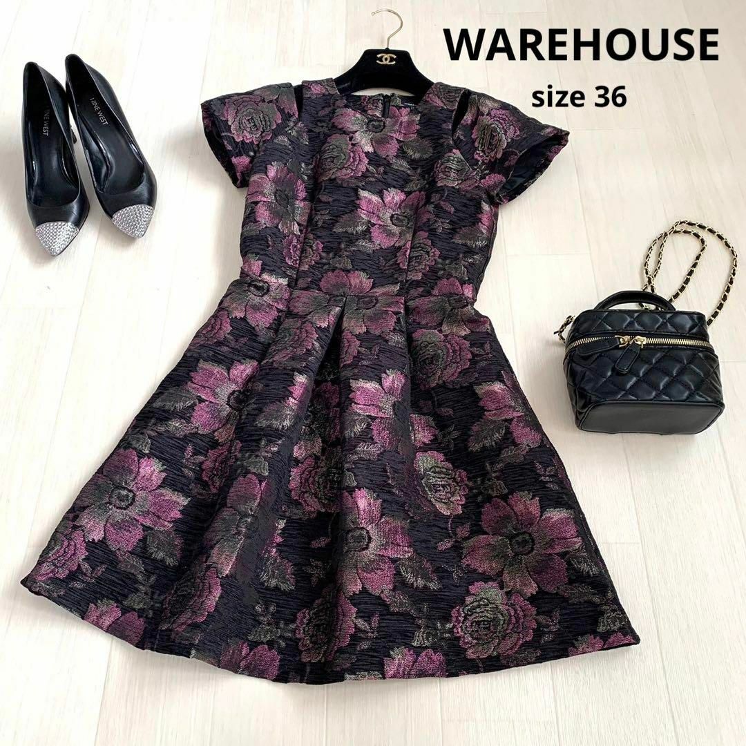 WAREHOUSE(ウエアハウス)のWAREHOUSE ウエアハウス　花柄ワンピース　ジャガードワンピース　ドレス レディースのワンピース(ひざ丈ワンピース)の商品写真