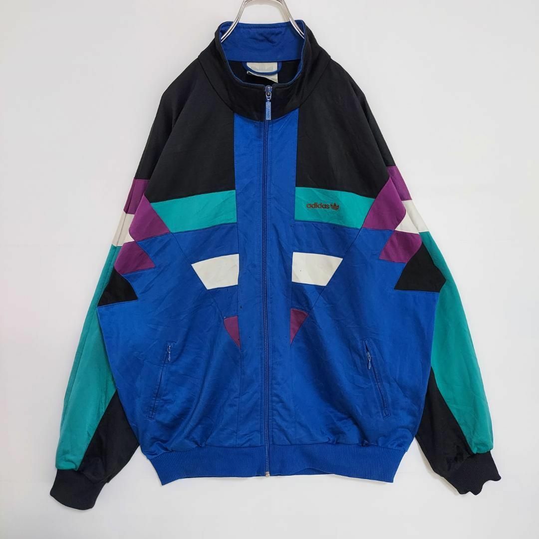 90s アディダス L トラックジャケット 黒ブラック青紫白 刺繍ロゴ