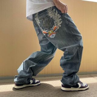 W40 ペレペレ ポケットロゴ刺繍バギーデニム HIPHOPボトム ブルー 青-