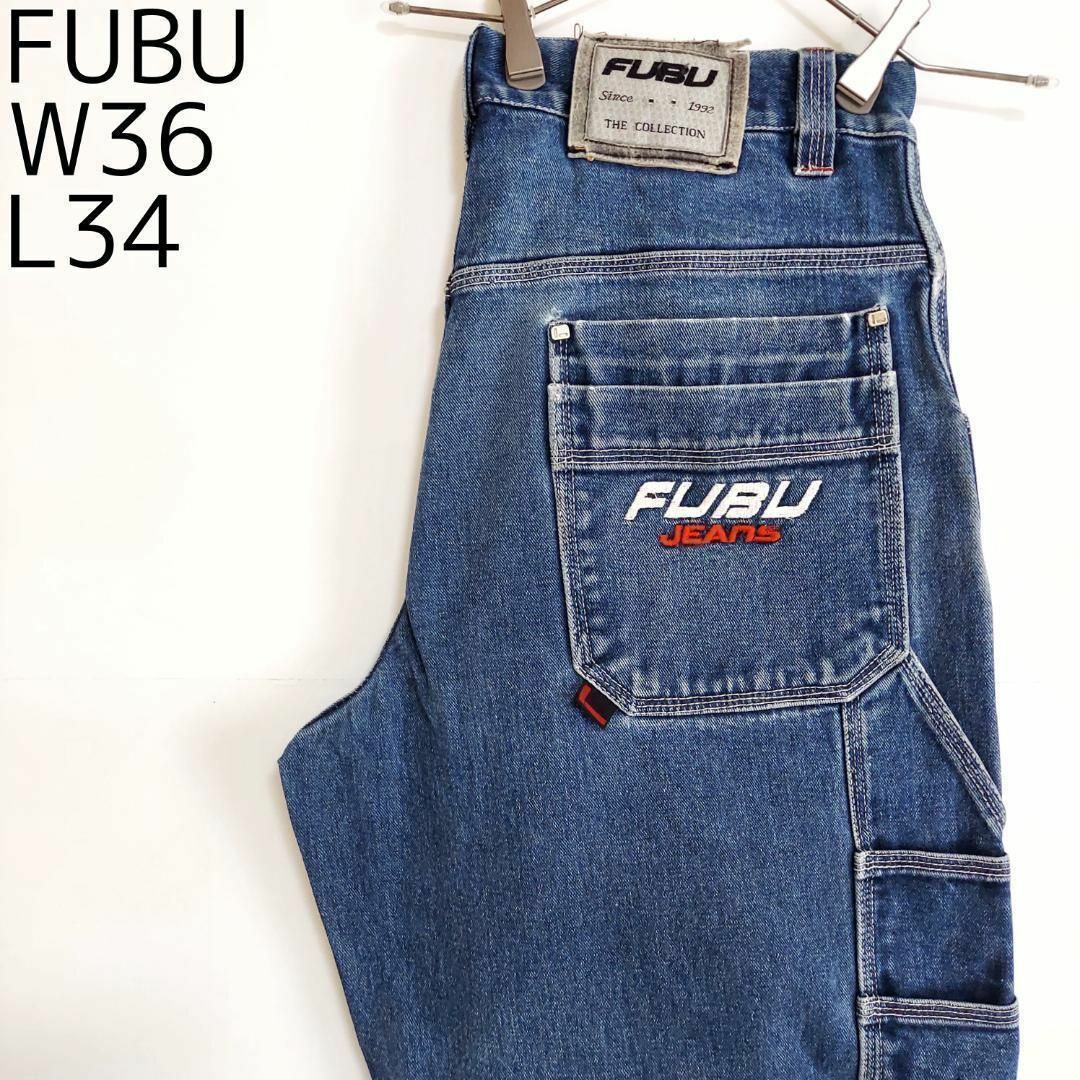 FUBU(フブ)のW36 FUBU フブ ポケットロゴ刺繍 ペインターパンツ デニム 青 ブルー メンズのパンツ(デニム/ジーンズ)の商品写真