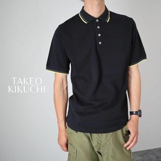 タケオキクチ(TAKEO KIKUCHI)の【タケオキクチ】ジャガード ボーダー ラインデザイン 半袖 ポロシャツ 黒 L(ポロシャツ)