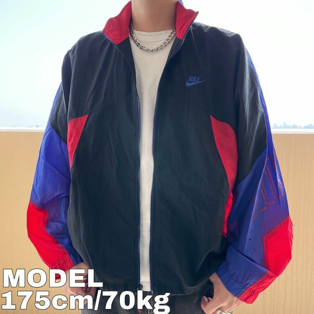 90s ナイキ 銀タグ ロゴ刺繍ナイロンジャケット L ブラック 黒 青 赤 | フリマアプリ ラクマ