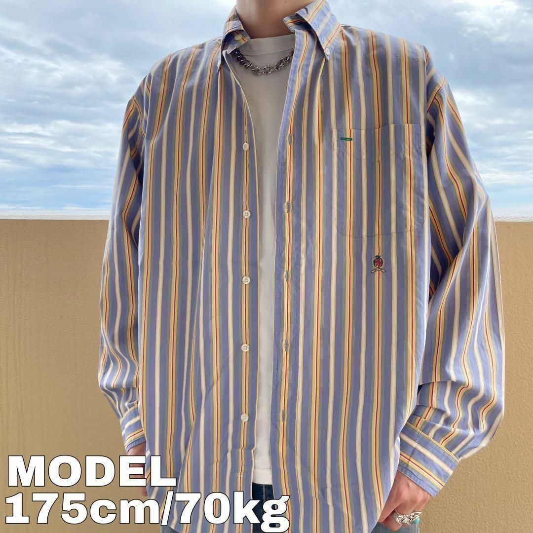 90s トミーヒルフィガー ストライプシャツ L ブルー 水色 黄色 ポケット
