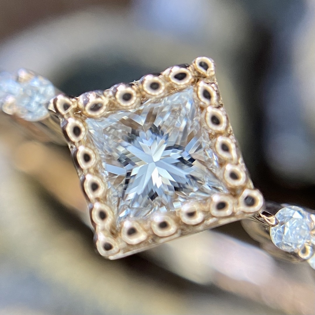 天然 ダイヤモンド プリンセスカットにミルグレン 計0.314ct K18PG  レディースのアクセサリー(リング(指輪))の商品写真