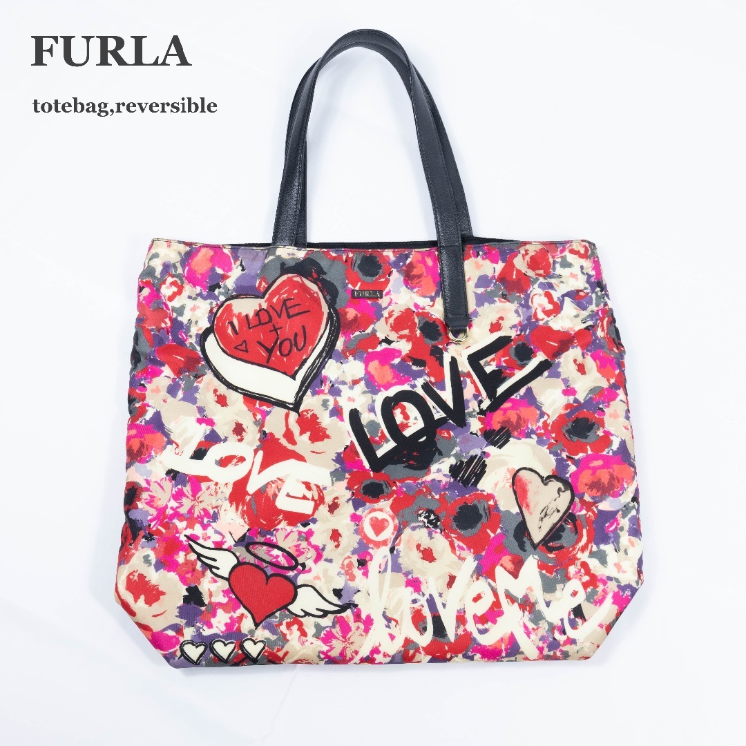 【FURLA】トートバッグ　リバーシブル　総柄　ナイロン　ブラック　レザー | フリマアプリ ラクマ