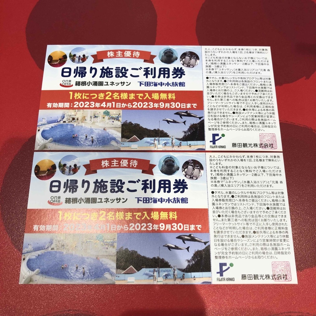 箱根ユネッサン 下田海中水族館 入場無料券2枚(4名様分) 藤田観光-株主優待券 チケットの施設利用券(水族館)の商品写真