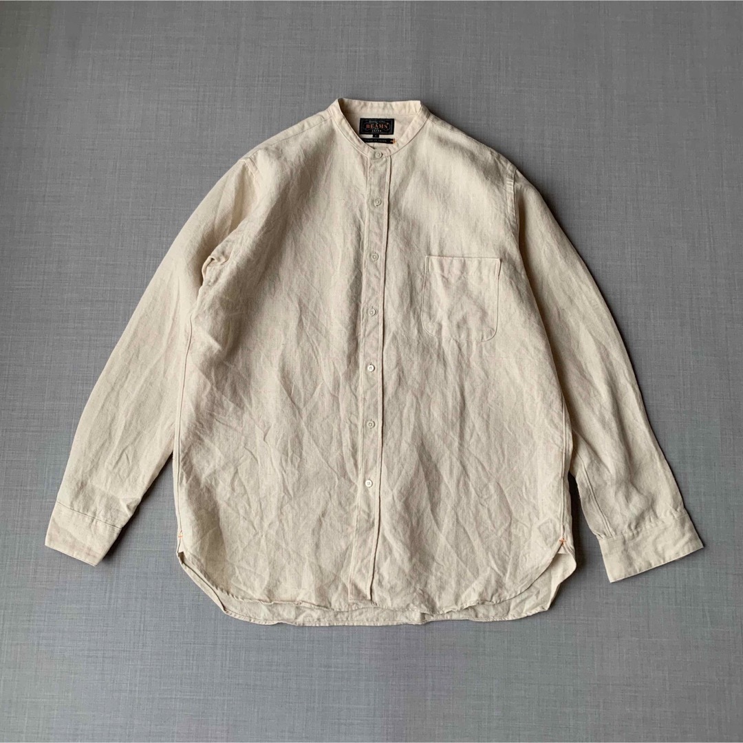 美品 BEAMS PLUS バンドカラー リネンシャツ S ナチュラル