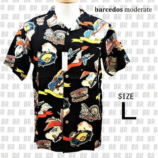 バルセドス(BARCEDOS)の新品　Ｌ　ブラック　アロハシャツ　アミューズメント柄　レーヨン(シャツ)