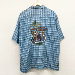 US古着 トミーバハマ Tommy Bahama シルク 開襟シャツ 半袖 総柄 チェック柄 ヤシの木 バイク 刺繍 サイズ：メンズ L ライトブルー【中古】(シャツ)