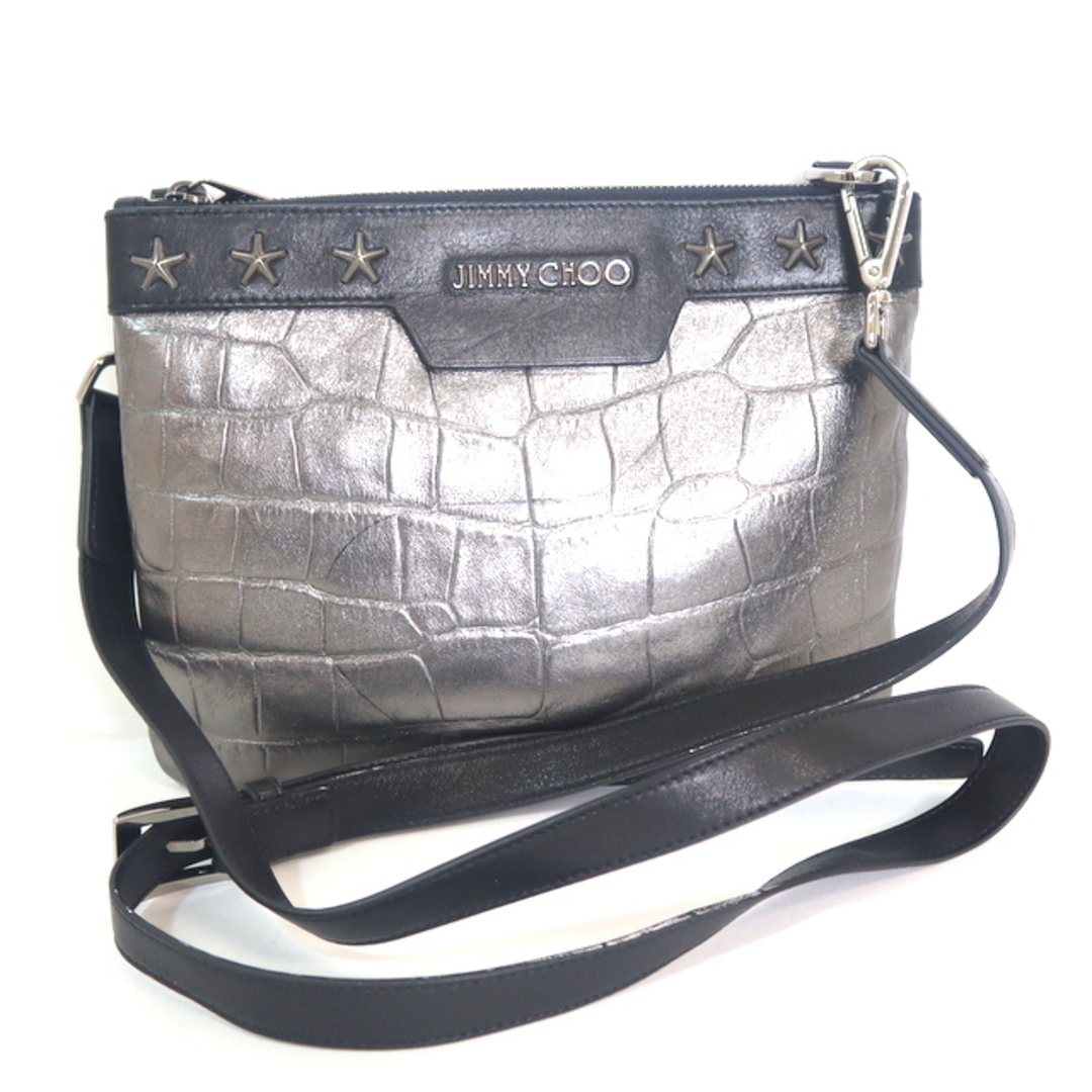 【JIMMY CHOO】ジミーチュウ 2WAYショルダーバッグ スタッズ 型押しクロコレザー ブラック×グレー/kt05727ik