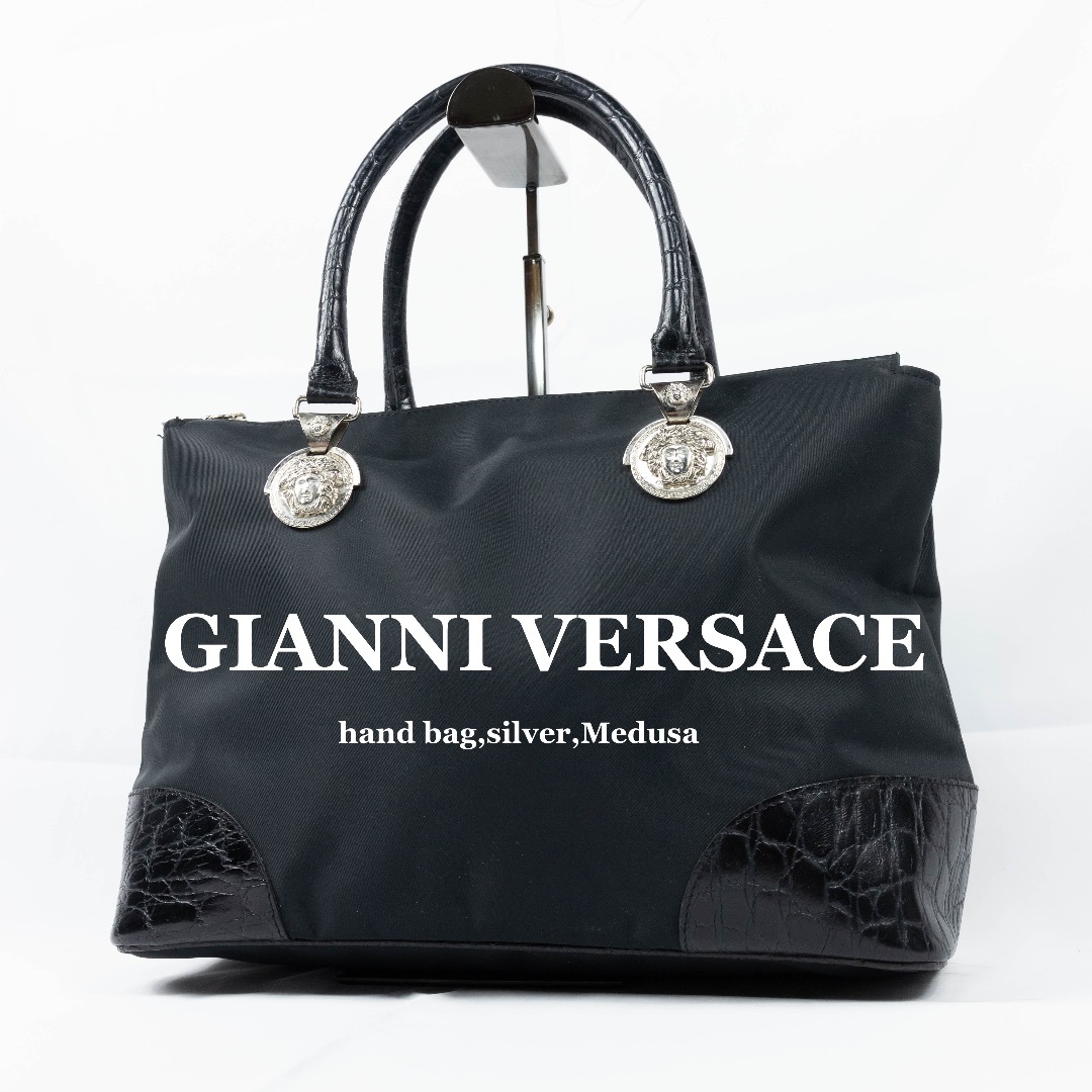 GIANNI VERSACE】ハンドバッグ メデューサ クロコ ブラック-