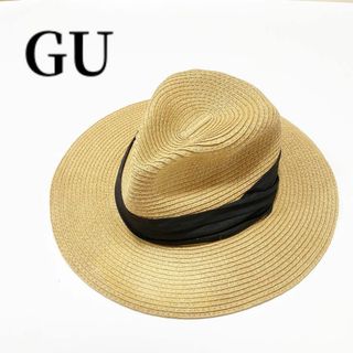 GU - GUストローハット麦わら帽子黒リボンつばひろハットジーユーベージュ