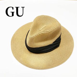 GU - GUストローハット麦わら帽子黒リボンつばひろハットジーユーベージュ