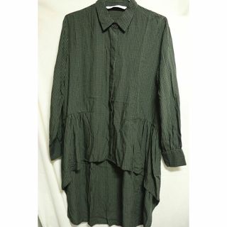 ザラ(ZARA)のプロフ必読ZARAグリーンギンガムチェックロングブラウス/ザラカッコいい♪S(シャツ/ブラウス(半袖/袖なし))