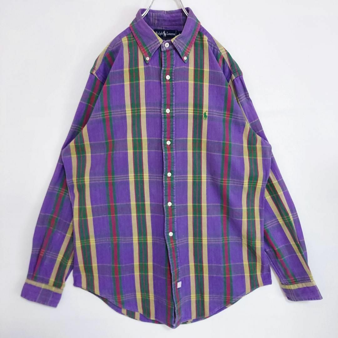 90s ラルフローレン BDチェックシャツ L パープル 紫 黄色 ポニー 刺繍