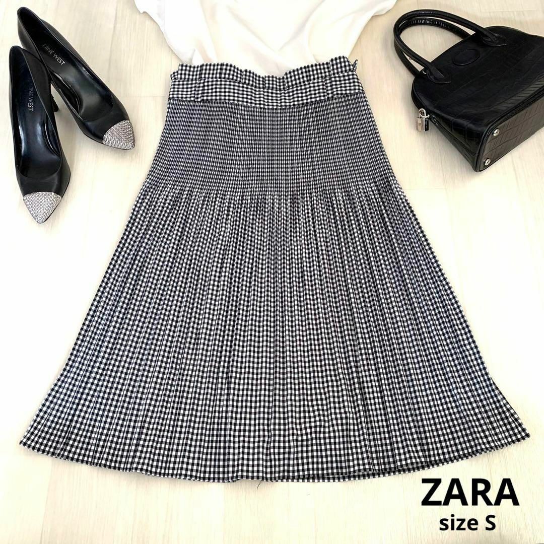 ZARA(ザラ)のZARA ザラ　ギンガムチェック　スカート　プリーツスカート　Sサイズ　ブラック レディースのスカート(ひざ丈スカート)の商品写真