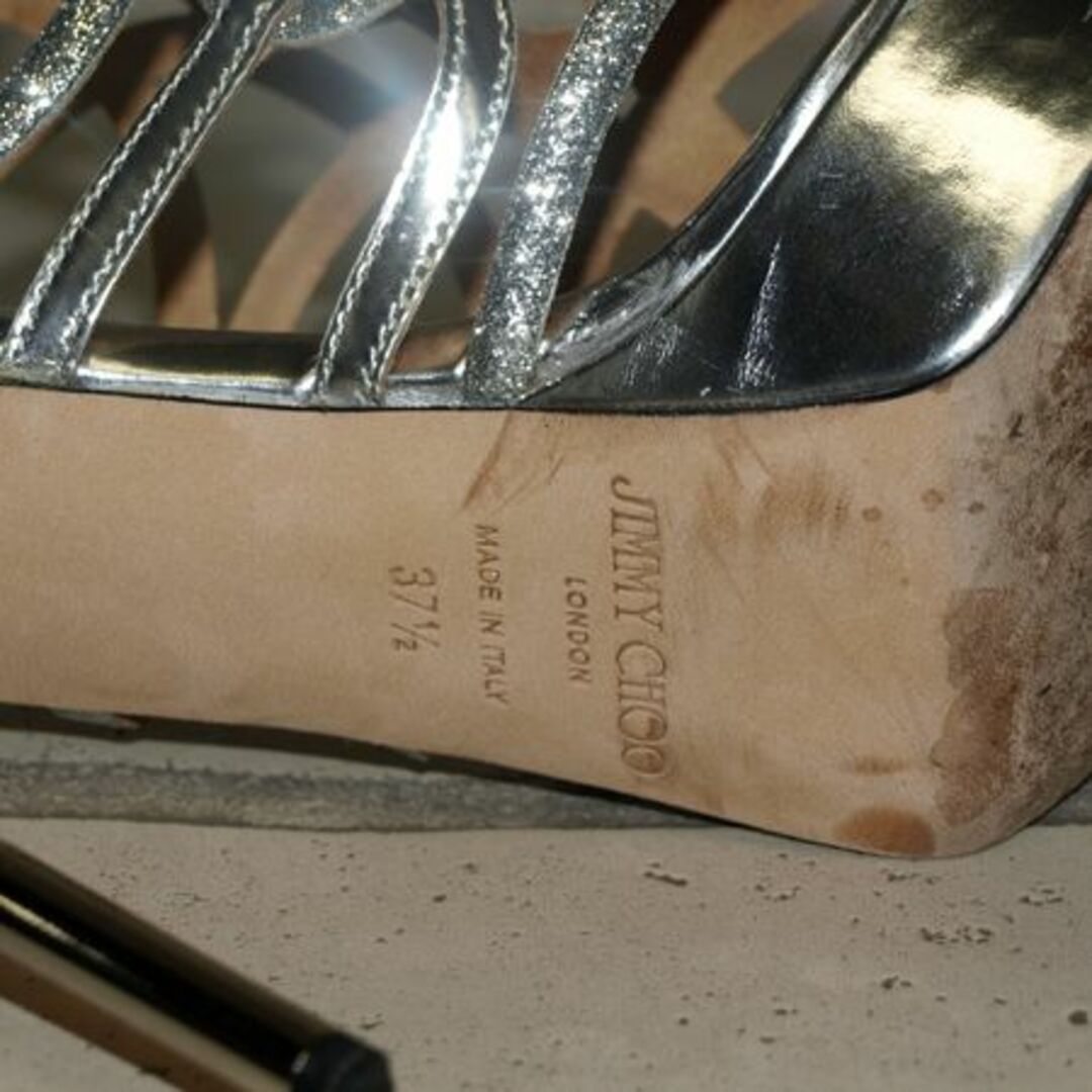 JIMMY CHOO(ジミーチュウ)のジミーチュウ　プラットホームサンダル◇シルバーラメ・2度のみ使用　37 1/2  レディースの靴/シューズ(ハイヒール/パンプス)の商品写真