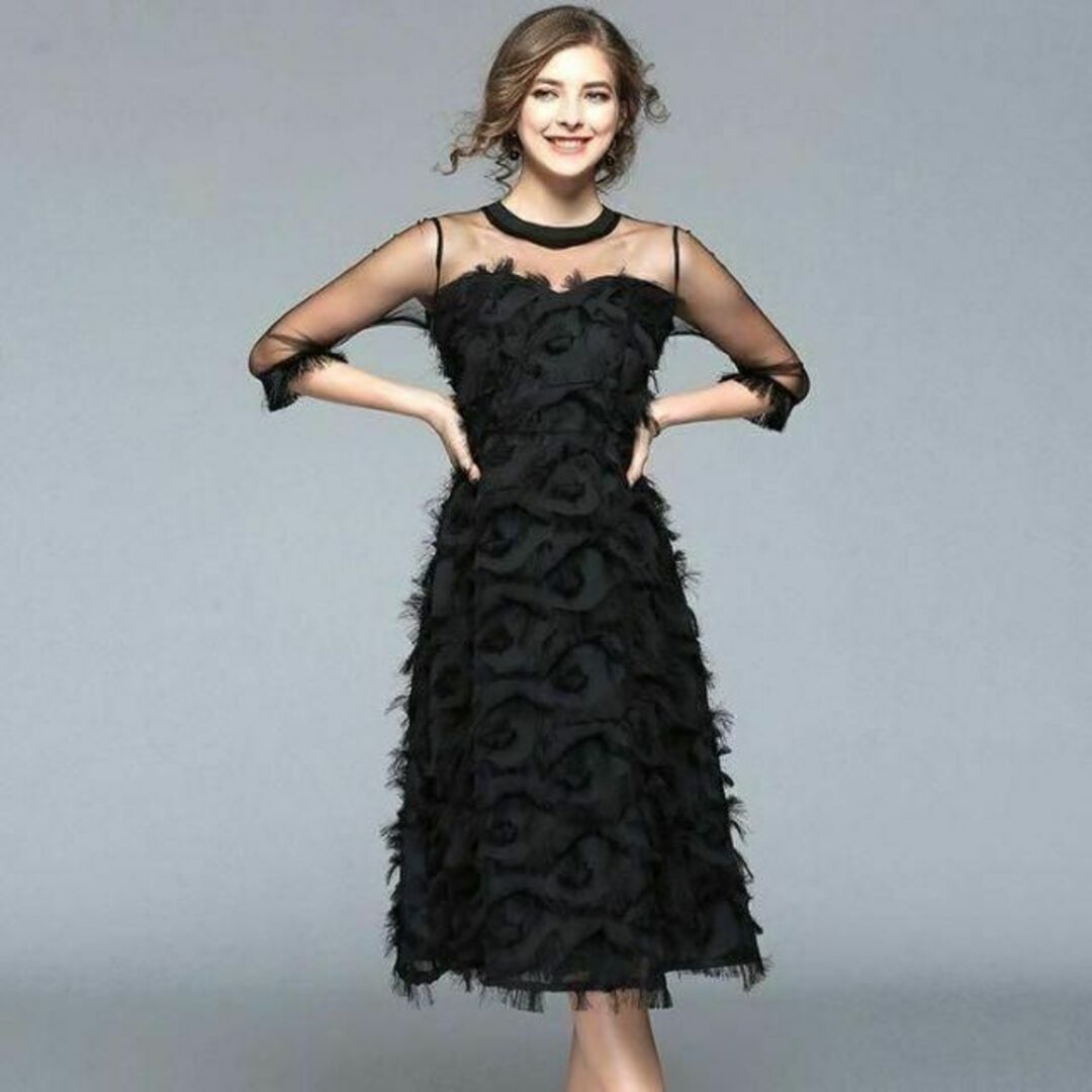L ドレス ワンピース フォーマル パーティー 結婚式 お呼ばれ　黒 レディースのフォーマル/ドレス(ミディアムドレス)の商品写真