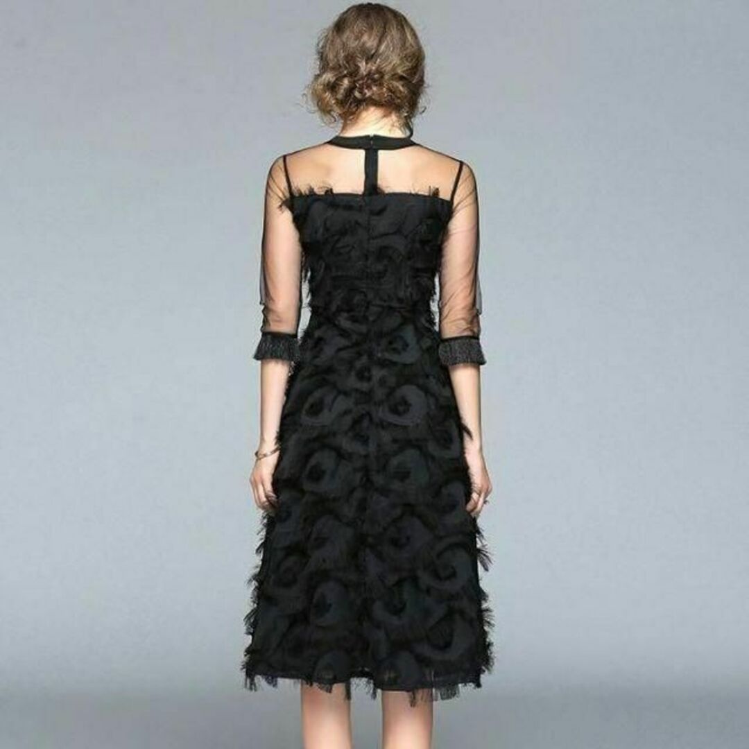 L ドレス ワンピース フォーマル パーティー 結婚式 お呼ばれ　黒 レディースのフォーマル/ドレス(ミディアムドレス)の商品写真