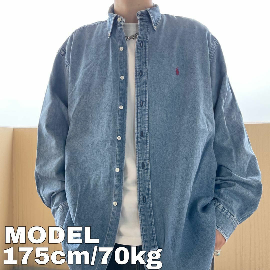 90s ラルフローレン BD無地デニムシャツ XL ポニー刺繍 ブルー 青 赤 | フリマアプリ ラクマ
