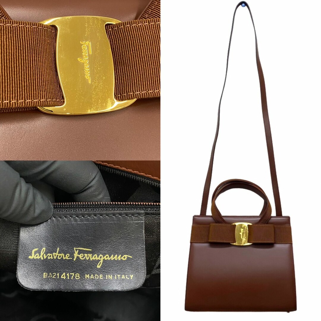 ほぼ未使用 袋付 Salvatore Ferragamo フェラガモ ヴァラリボン 金具 カーフ レザー 2way ハンドバッグ ショルダーバッグ ブラウン 27858