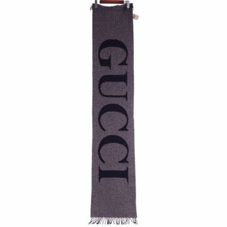 グッチ(Gucci)の極美品 グッチ GUCCI マフラー ストール ロゴ柄 フリンジ ウール レディース イタリア製 グレー/ネイビー(ストール/パシュミナ)