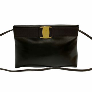 極 美品 Salvatore Ferragamo サルヴァトーレフェラガモ ヴァラリボン ロゴ 金具 レザー 本革 ショルダーバッグ ポシェット ブラック 91223