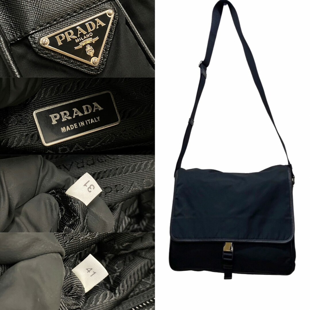 極 美品 PRADA プラダ 三角ロゴ 金具 ナイロン サフィアーノレザー 本革 ショルダーバッグ ポシェット サコッシュ ブラック 黒 26804