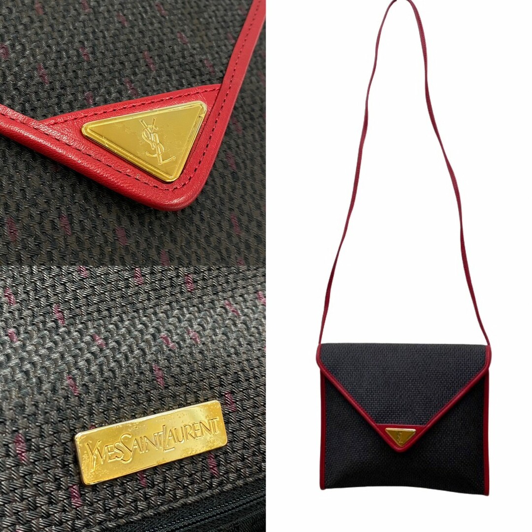 極 美品 YVES SAINT LAURENT イヴサンローラン YSL ロゴ 金具 レザー 本革 ミニ ショルダーバッグ ポシェット グレー レッド 29545