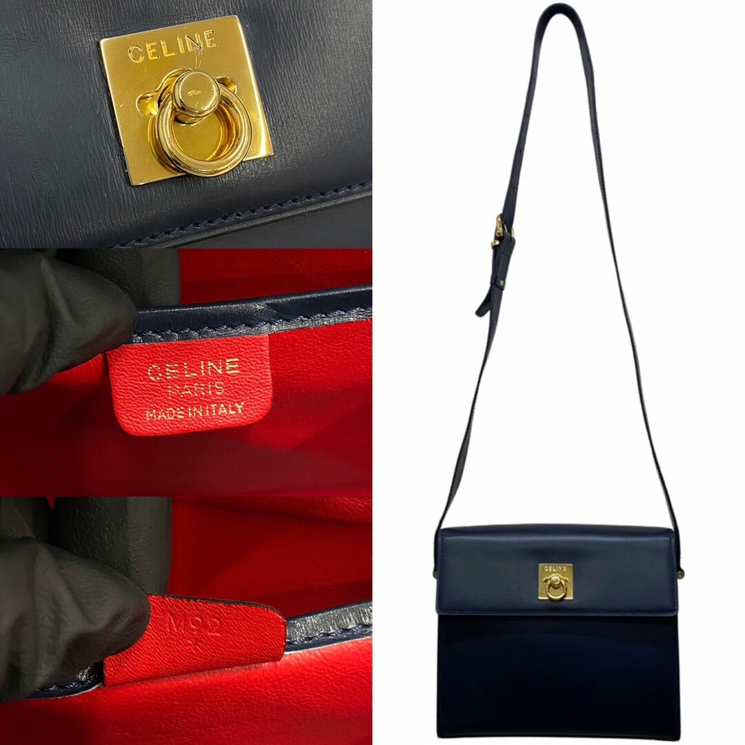 極 美品 保存袋付 CELINE セリーヌ ヴィンテージ リング 金具 ロゴ カーフ レザー 本革 ミニ ショルダーバッグ ポシェット ネイビー 29682