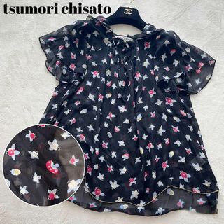 ツモリチサト(TSUMORI CHISATO)のツモリチサト　TSUMORICHISATO シルク　総柄ブラウス　リボン　2 黒(シャツ/ブラウス(半袖/袖なし))