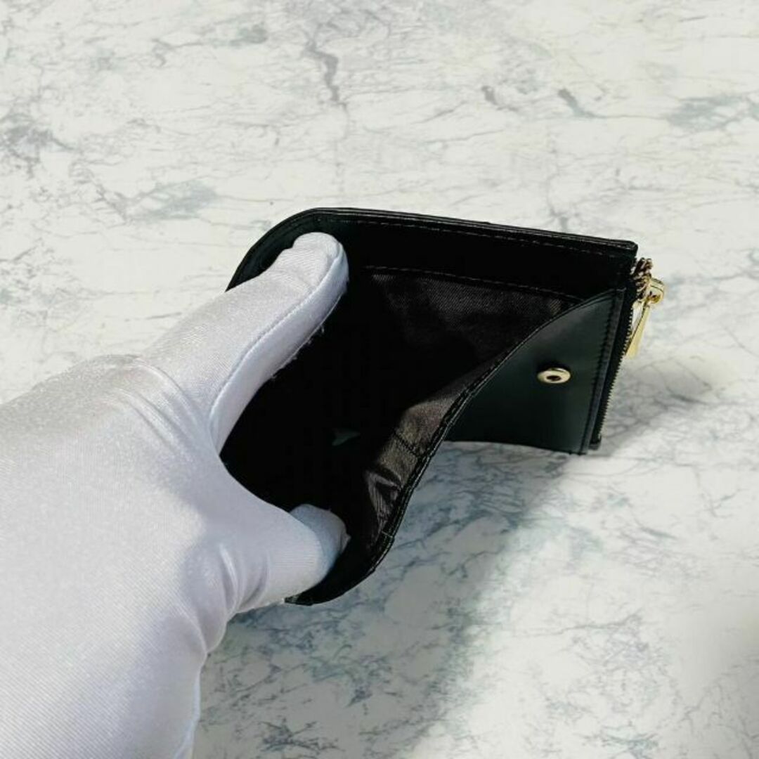 シープスキン ミニ財布 羊革 コンパクト 二つ折り 財布 本革 ブラック系 レディースのファッション小物(財布)の商品写真