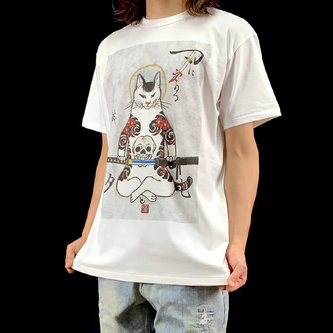 新品 ビッグ プリント 浮世絵 猫 入れ墨 刺青 日本刀 切腹 和柄 Tシャツ