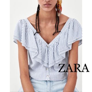 ザラ(ZARA)のZARA クロップドピンストライプフリルシャツ(シャツ/ブラウス(半袖/袖なし))