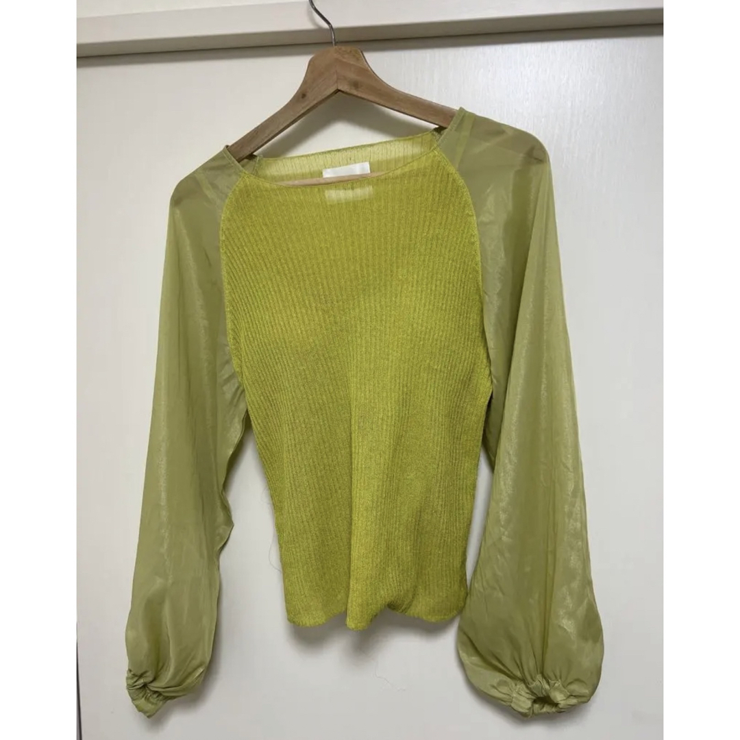 Ameri VINTAGE(アメリヴィンテージ)の【完売品】AMERI VOLUME SLEEVESHEER KNIT TOP 黄 レディースのトップス(カットソー(長袖/七分))の商品写真