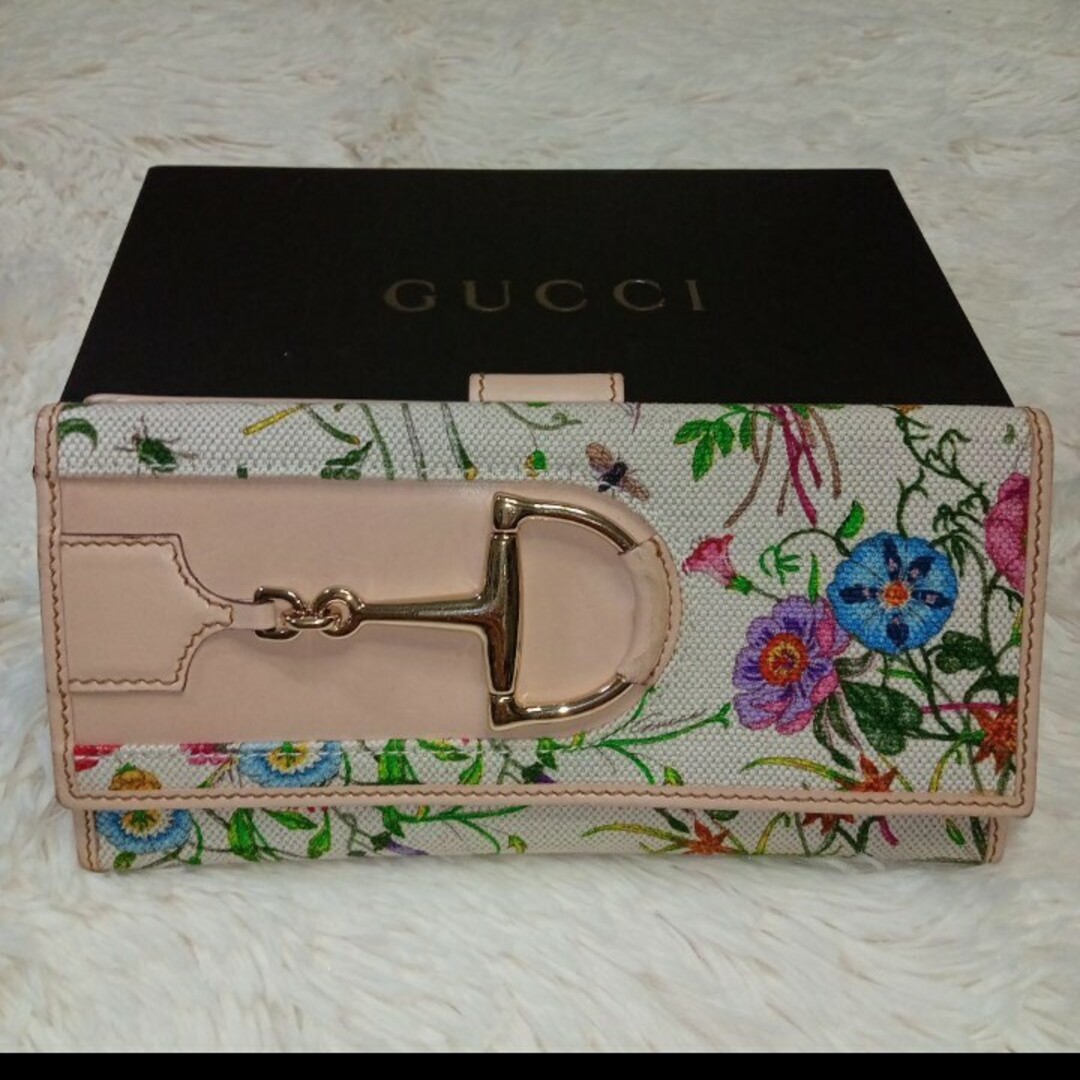 希少✨美品 GUCCI キャンバス長財布 ホースビット フローラ 白✕ベージュ-