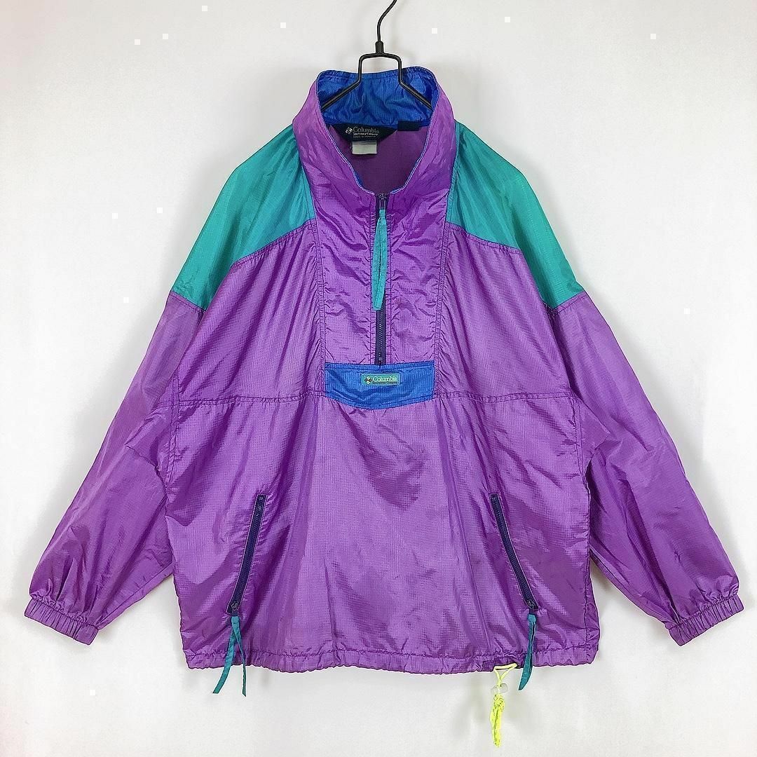 80s コロンビア ハーフジップナイロンジャケット L パープル 紫 緑 1